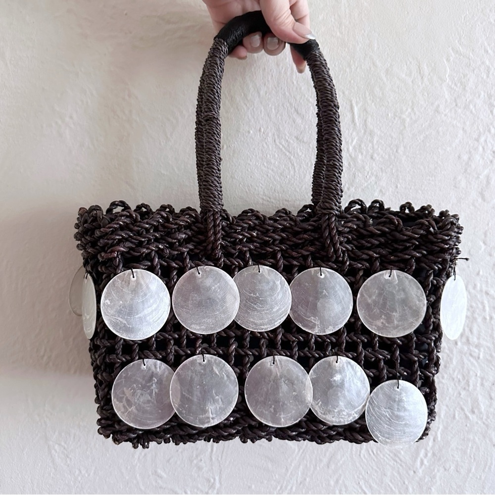 ⚡️10$ sale⚡️Y2K Dark Brown Straw Round Discs Seashells Summer Beach Bag